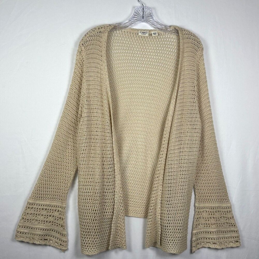 Cato Woman 18/20 Crochet Open Front Cardigan Beige Mesh Knit Boho Plus Size